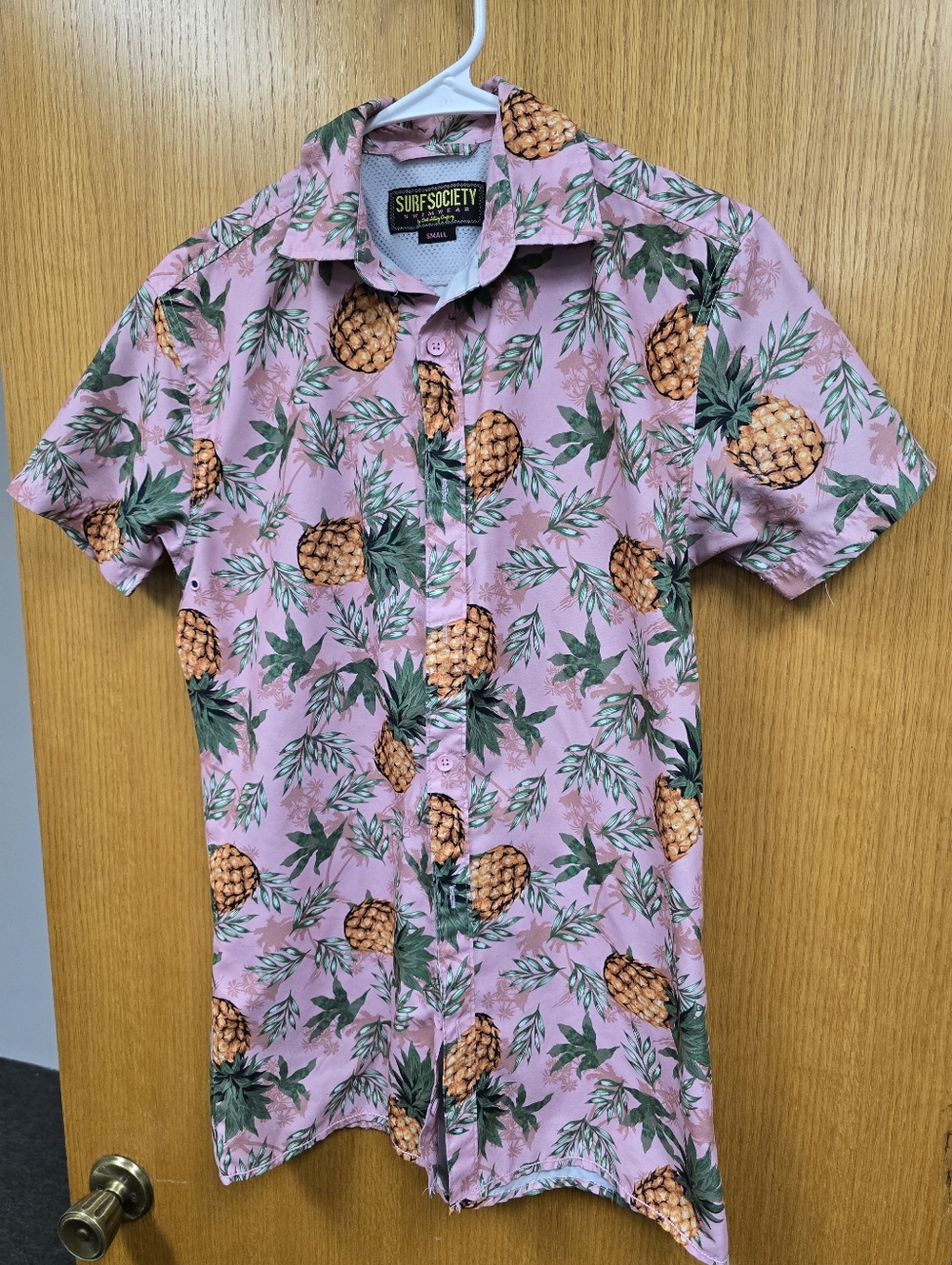 Surf Society Pink Pineapple Print. Short Sleeve Button-Up Shirt.